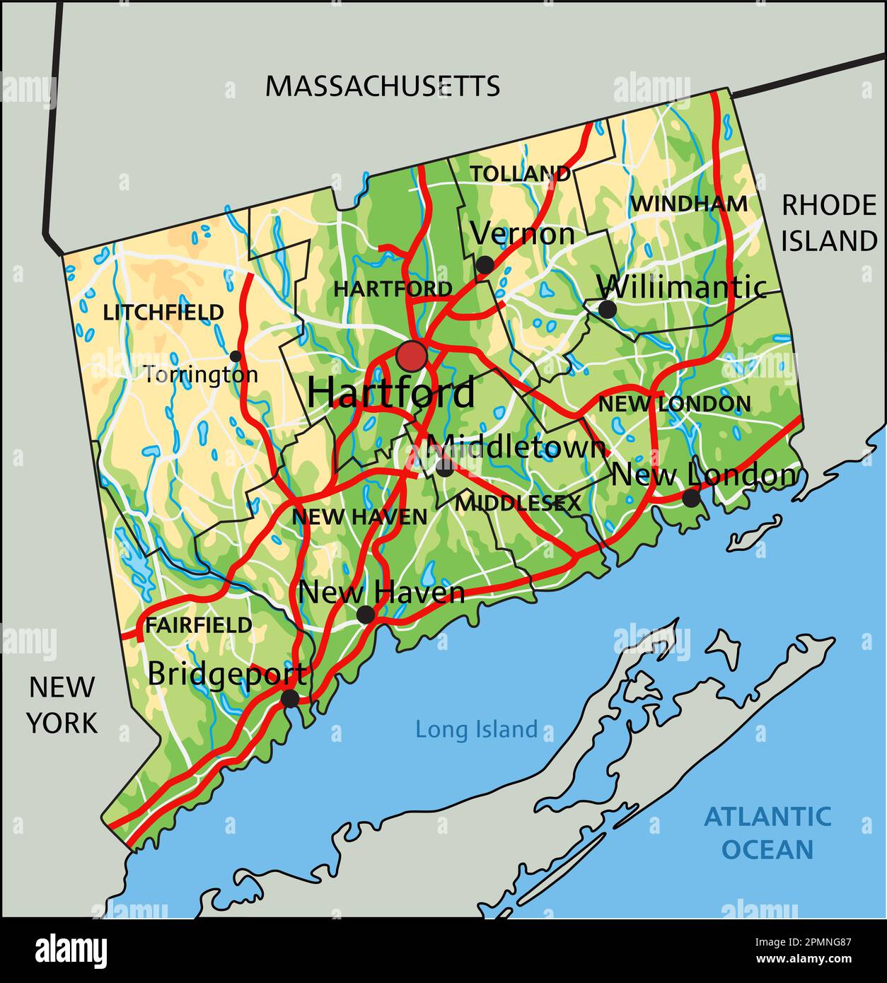 Mappa fisica del Connecticut dettagliata con etichettatura. Illustrazione Vettoriale