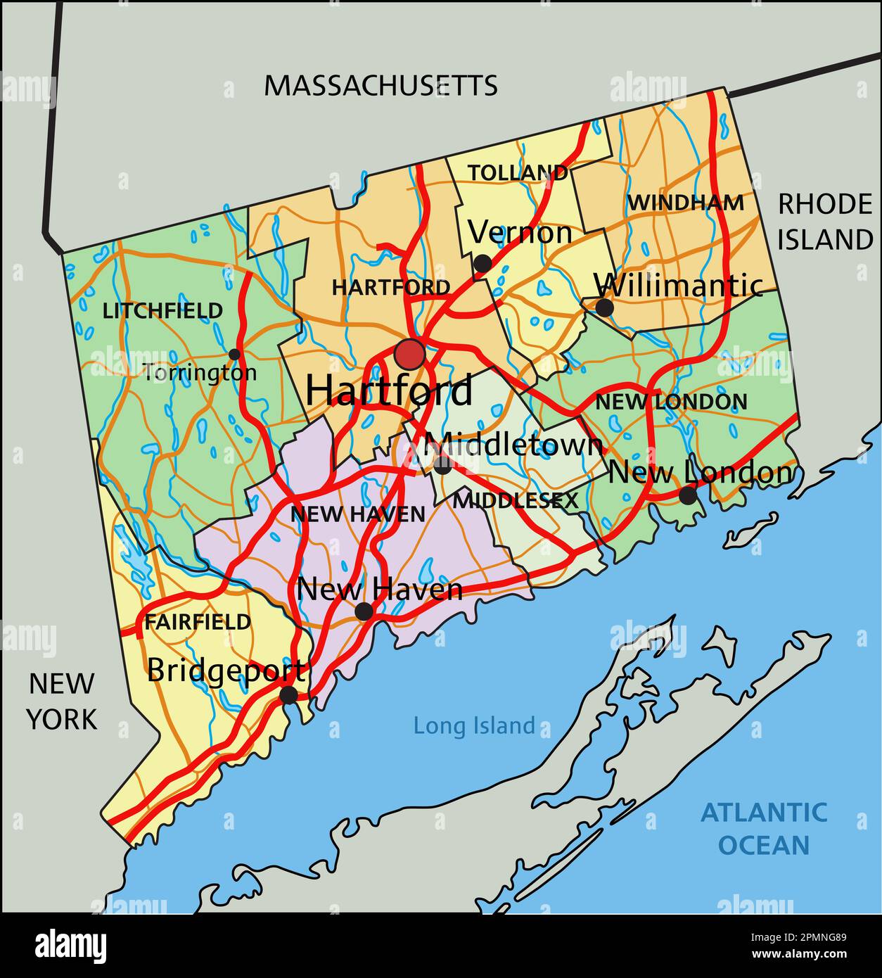 Connecticut - Mappa politica modificabile molto dettagliata con etichettatura. Illustrazione Vettoriale