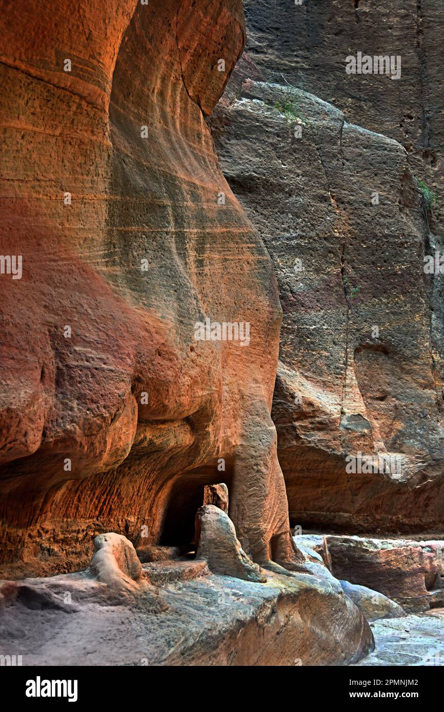 Petra città Nabataean caravan-città facciate di roccia tagliata Giordania pietra arenaria intagliata deserto. Scultura canale d'acqua coperto porta acqua sorgente Wadi Musa Foto Stock