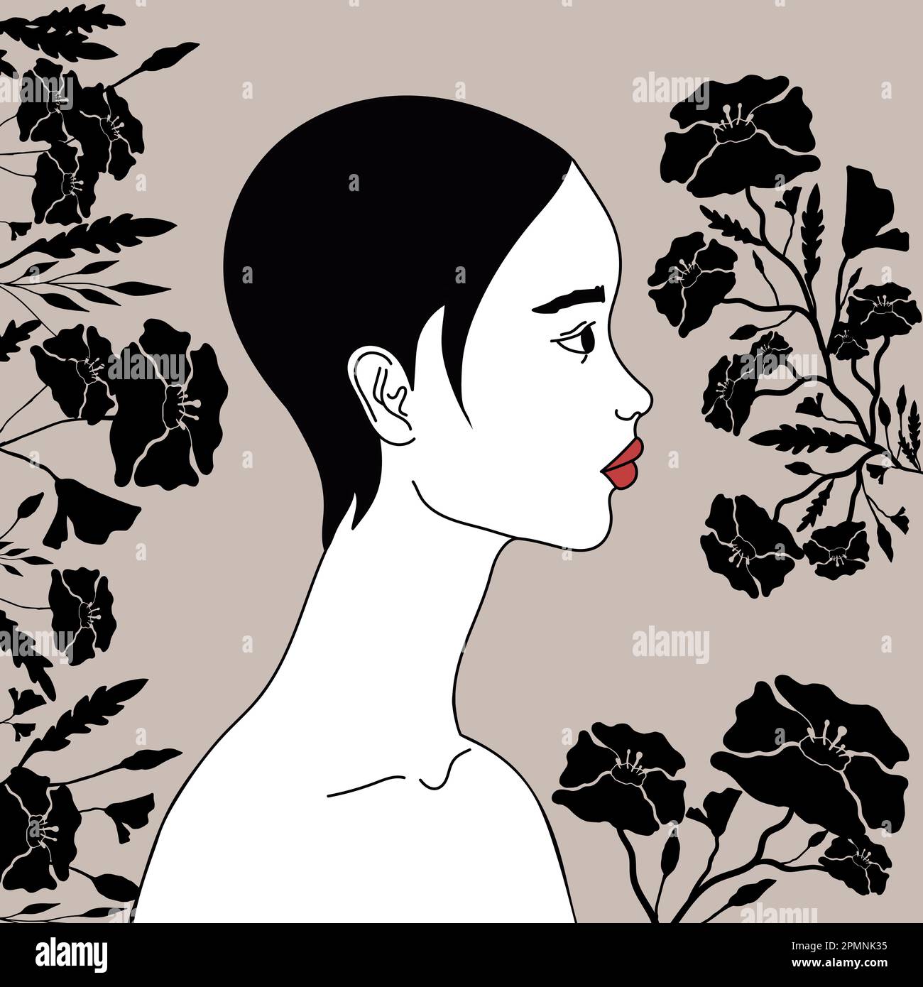 Donna in profilo su sfondo grigio decorata con fiori neri. Pura bellezza femminile e natura. Grafica vettoriale disegnata a mano Illustrazione Vettoriale