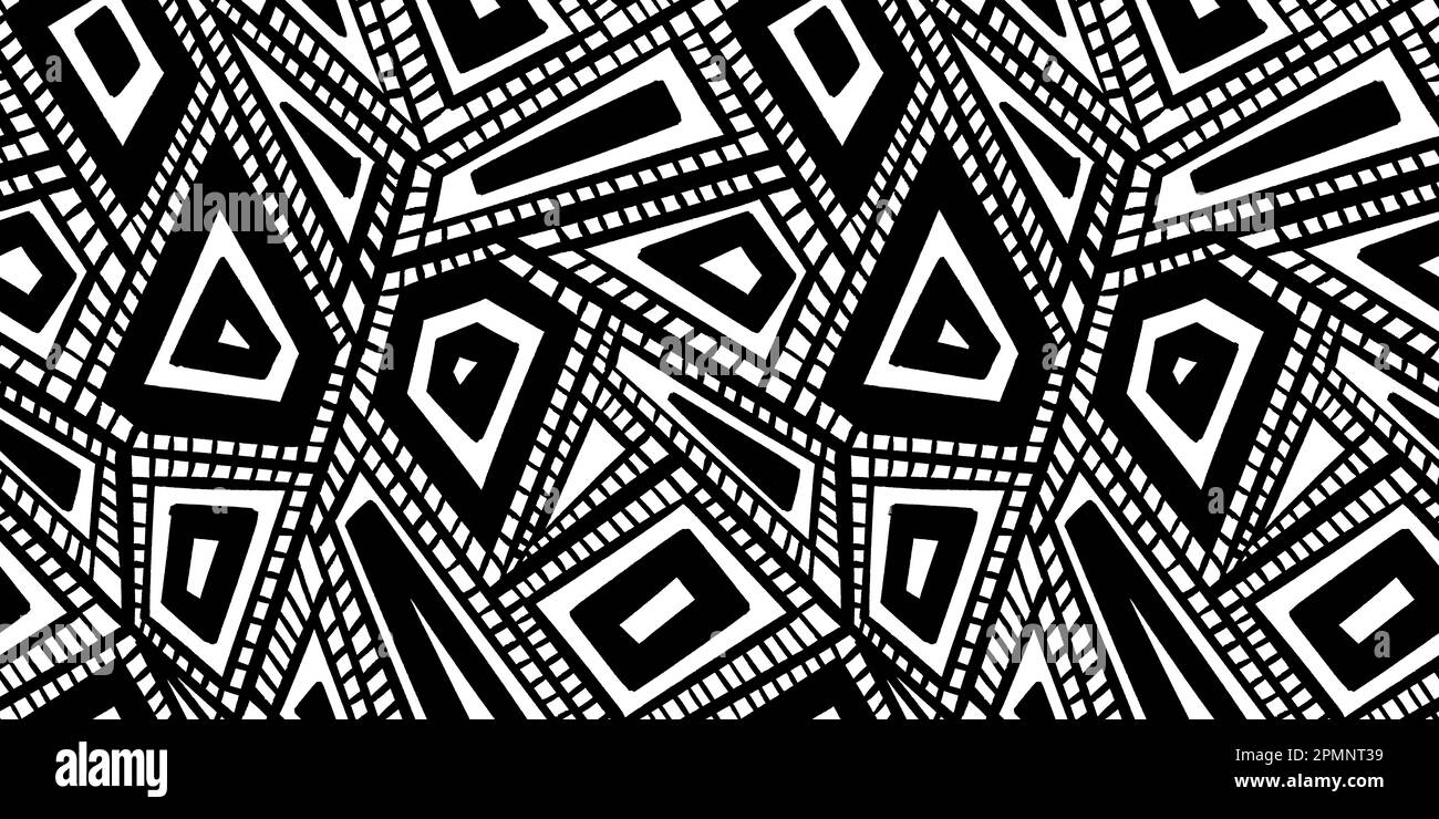 Modello di patchwork tribale a strisce poligonali geometriche astratte disegnate a mano senza cuciture. Texture di sfondo monocromatica con motivo a diamante nero e bianco audace geode Foto Stock
