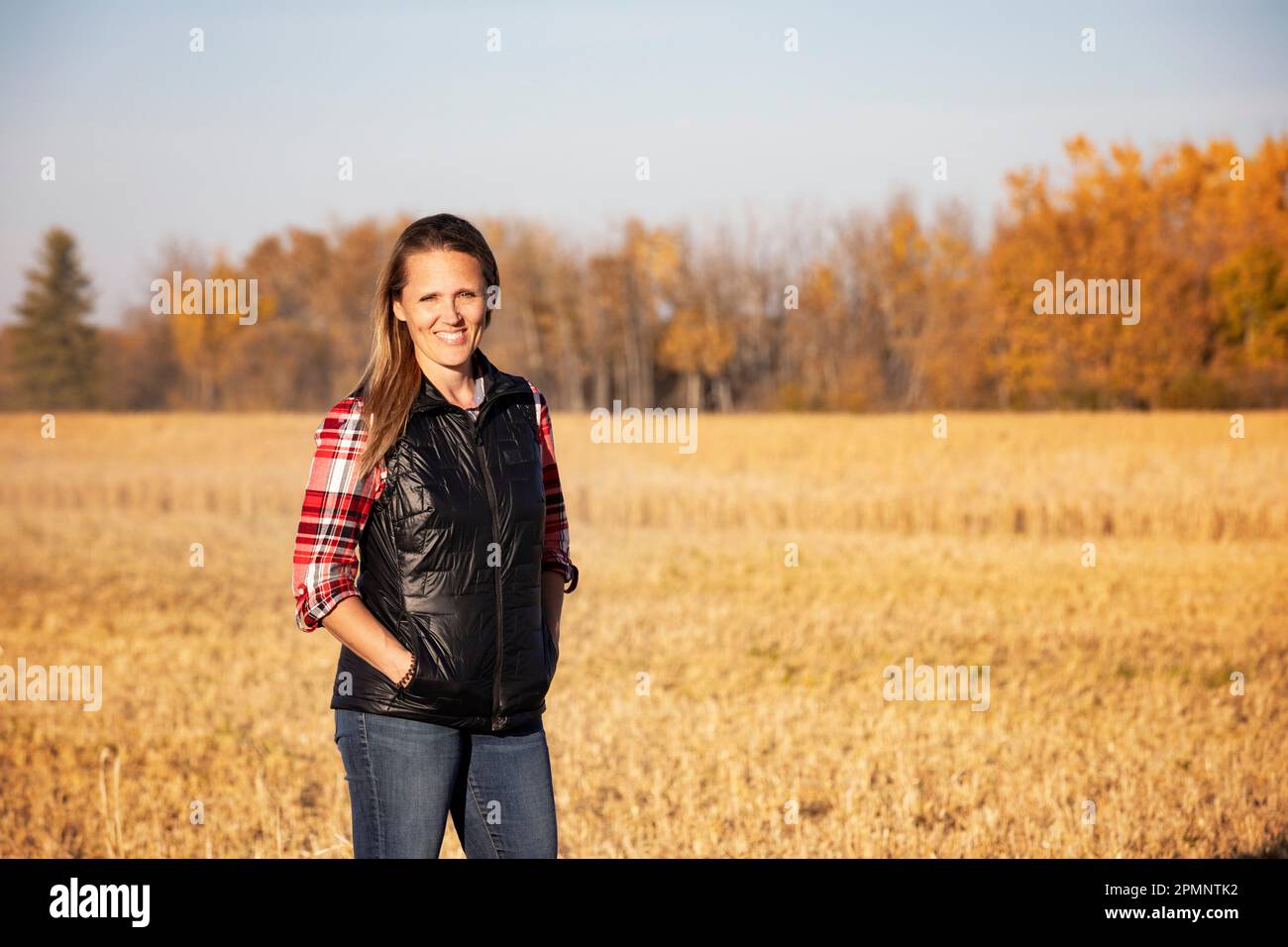 Un ritratto di una donna di fattoria attraente, che posa per la macchina fotografica in un campo durante il raccolto; Alcomdale, Alberta, Canada Foto Stock