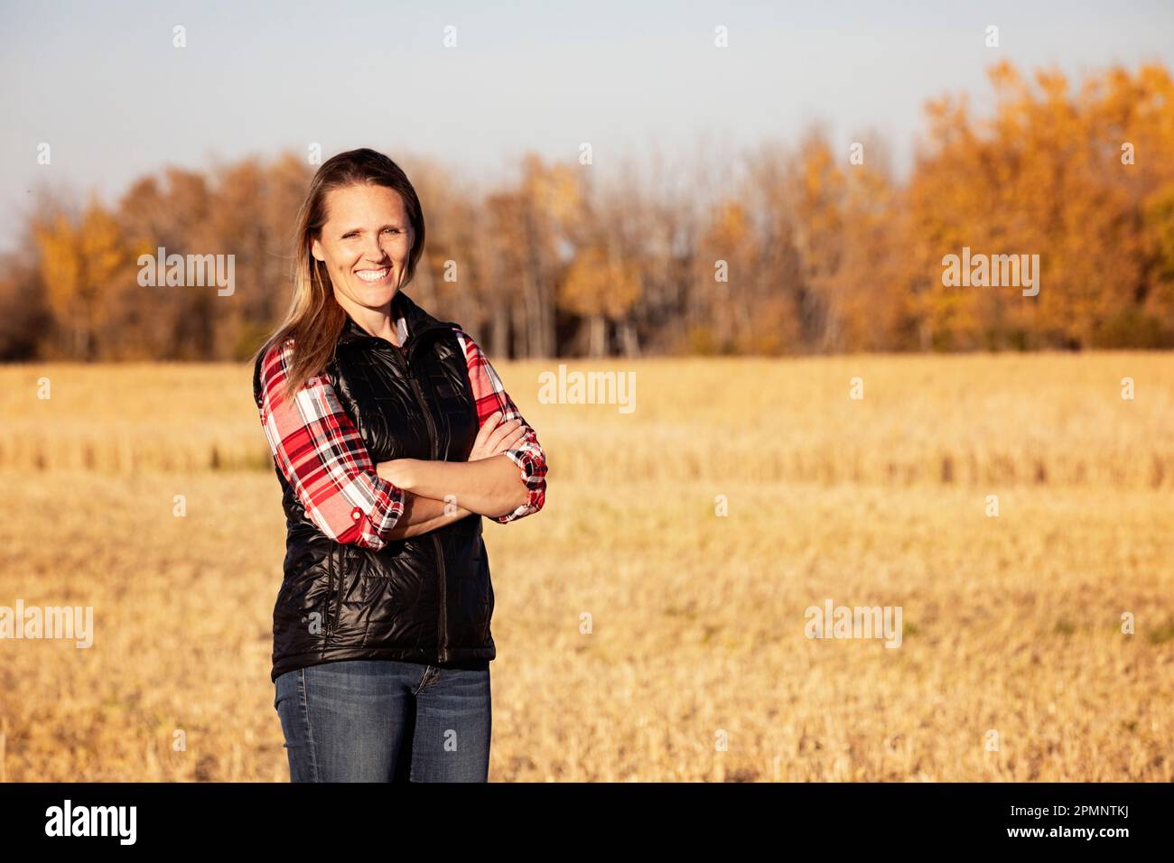 Un ritratto di una donna di fattoria attraente, che posa per la macchina fotografica in un campo durante il raccolto; Alcomdale, Alberta, Canada Foto Stock