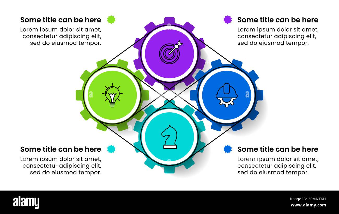 Modello infografico con icone e 4 opzioni o passaggi. Ingranaggi. Può essere utilizzato per il layout del flusso di lavoro, il diagramma, il banner, il webdesign. Illustrazione vettoriale Illustrazione Vettoriale