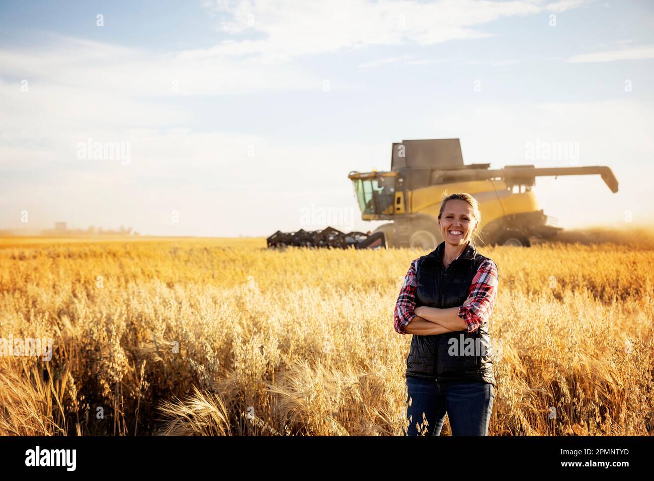 Ritratto di una donna di fattoria matura in piedi in un campo di grano, in posa per la macchina fotografica durante il raccolto con una mietitrebbia che lavora sullo sfondo al tramonto Foto Stock