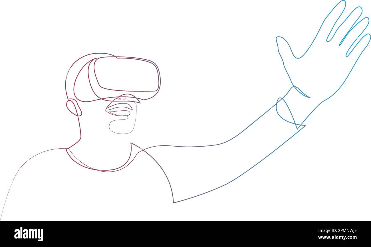 Disegno a linea continua uomo che indossa occhiali per realtà virtuale. Young Male utilizza gli occhiali VR per giocare con un unico stile artistico. Vettore ill Illustrazione Vettoriale