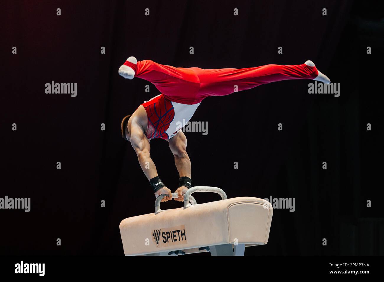 ginnastica maschile sul cavallo da pomo in ginnastica artistica. Apparecchio società Spieth Germania Foto Stock