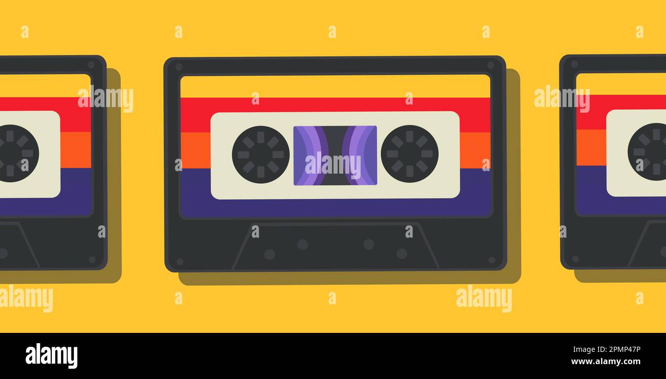 Cassette audio retrò in fila su sfondo giallo. Concetto di vecchia scuola Illustrazione Vettoriale