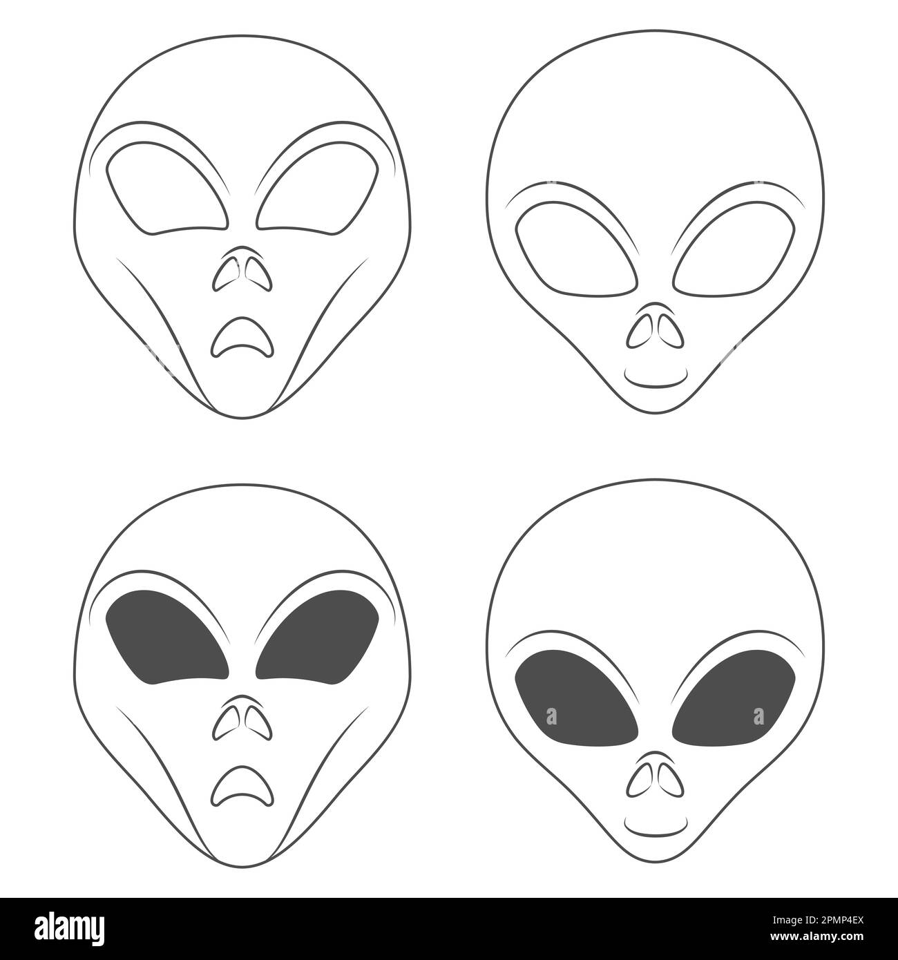 Set di illustrazioni in bianco e nero con volto alieno. Oggetto vettoriale isolato su sfondo bianco. Illustrazione Vettoriale