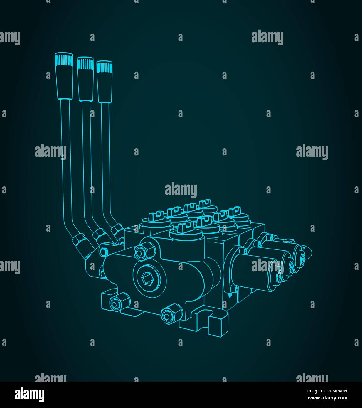 Illustrazione vettoriale stilizzata del modello della valvola di controllo direzionale idraulica Illustrazione Vettoriale