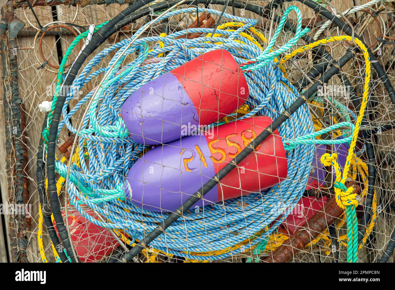 Primo piano del colorato equipaggiamento da pesca su una barca a remi; Morro Bay, California, Stati Uniti d'America Foto Stock