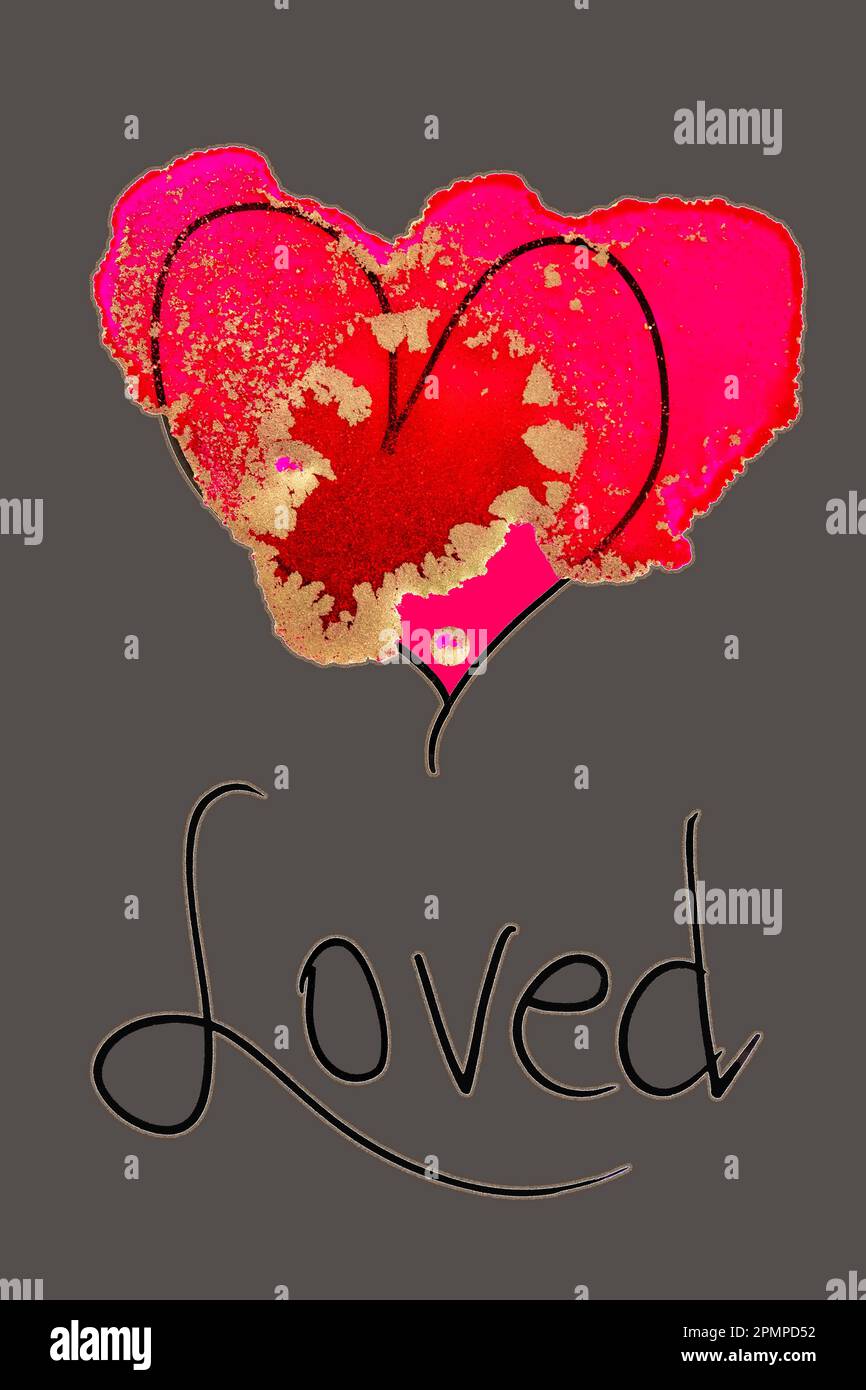 Inchiostro artistico con un cuore rosa, rosso e oro e la parola "amato"; opera d'arte Foto Stock