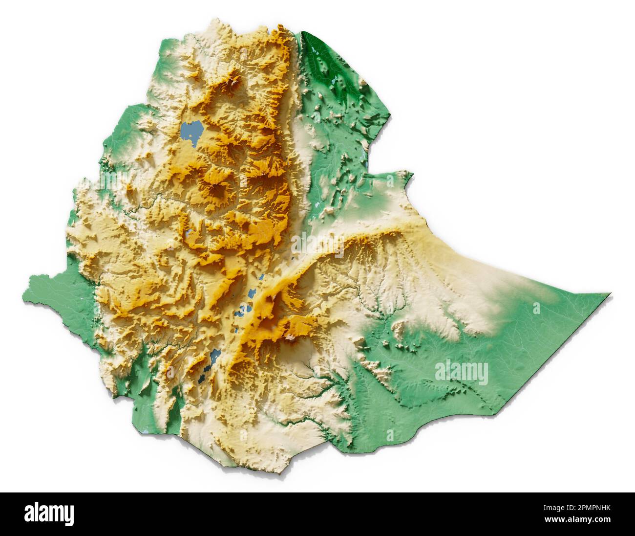 Etiopia. Rappresentazione 3D dettagliata di una mappa a rilievo ombreggiata con fiumi e laghi. Colorato dall'elevazione. Sfondo bianco. Creato con i dati satellitari. Foto Stock