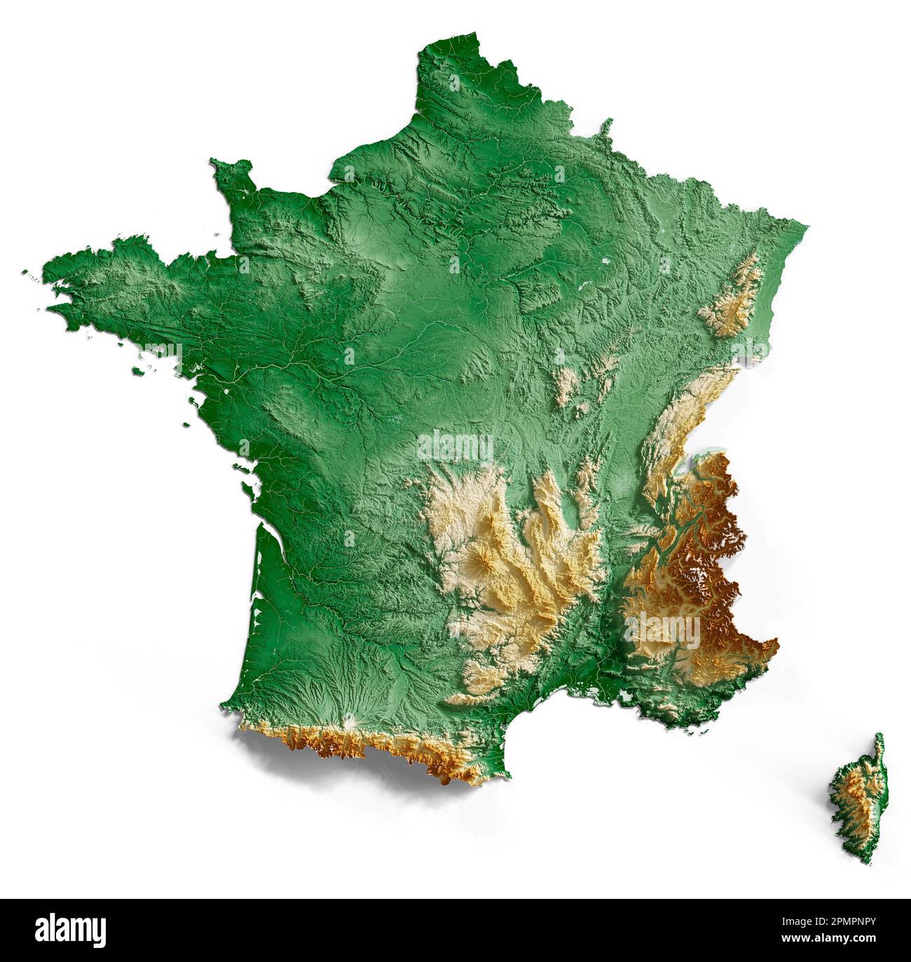 Francia. Rappresentazione 3D dettagliata di una mappa a rilievo ombreggiata con fiumi e laghi. Colorato dall'elevazione. Sfondo bianco. Creato con i dati satellitari. Foto Stock