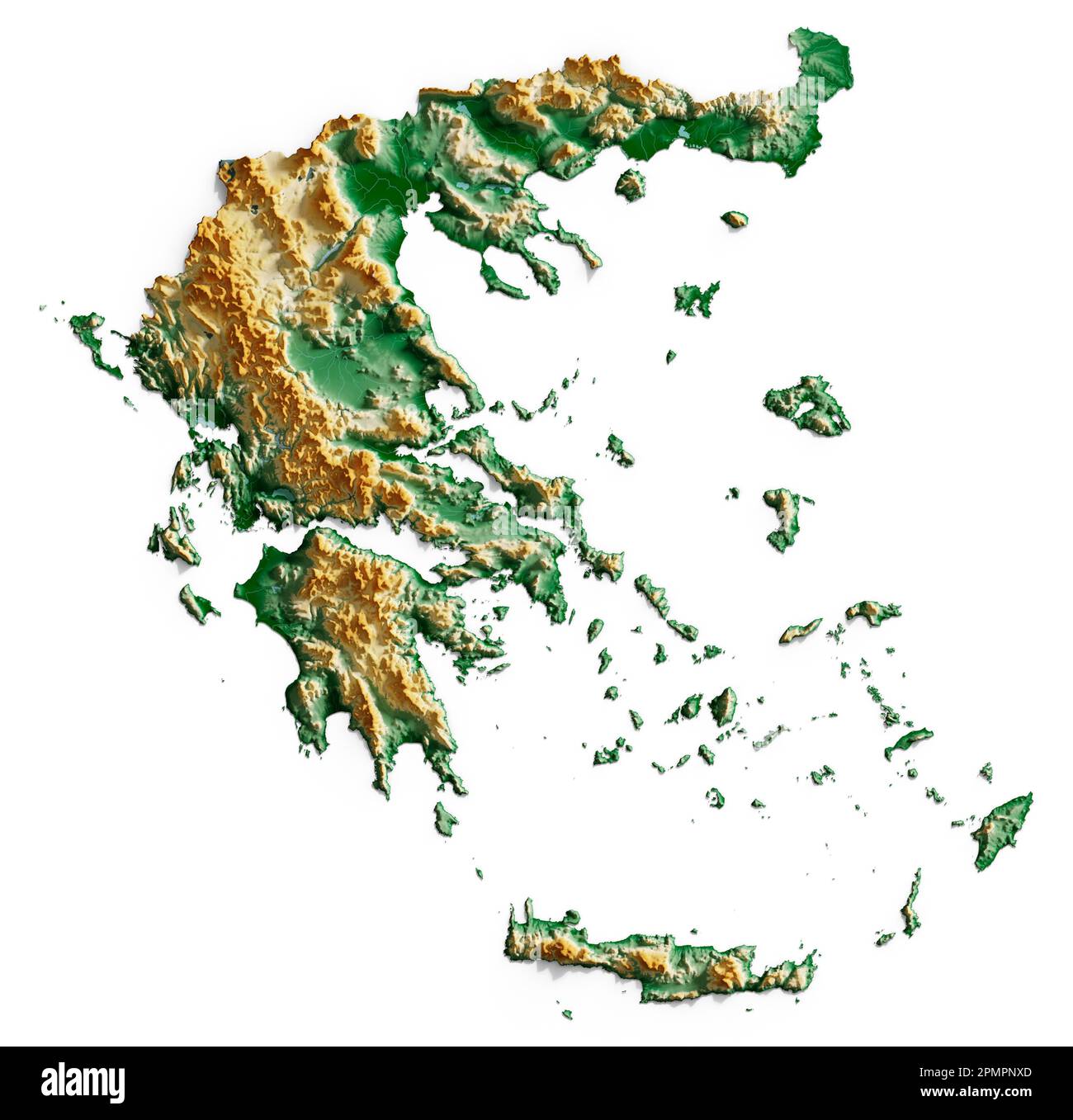 Grecia. Rappresentazione 3D dettagliata di una mappa a rilievo ombreggiata con fiumi e laghi. Colorato dall'elevazione. Sfondo bianco. Creato con i dati satellitari. Foto Stock