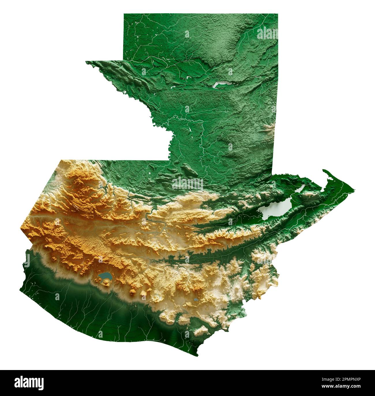 Guatemala. Rappresentazione 3D dettagliata di una mappa a rilievo ombreggiata con fiumi e laghi. Colorato dall'elevazione. Sfondo bianco. Creato con i dati satellitari. Foto Stock