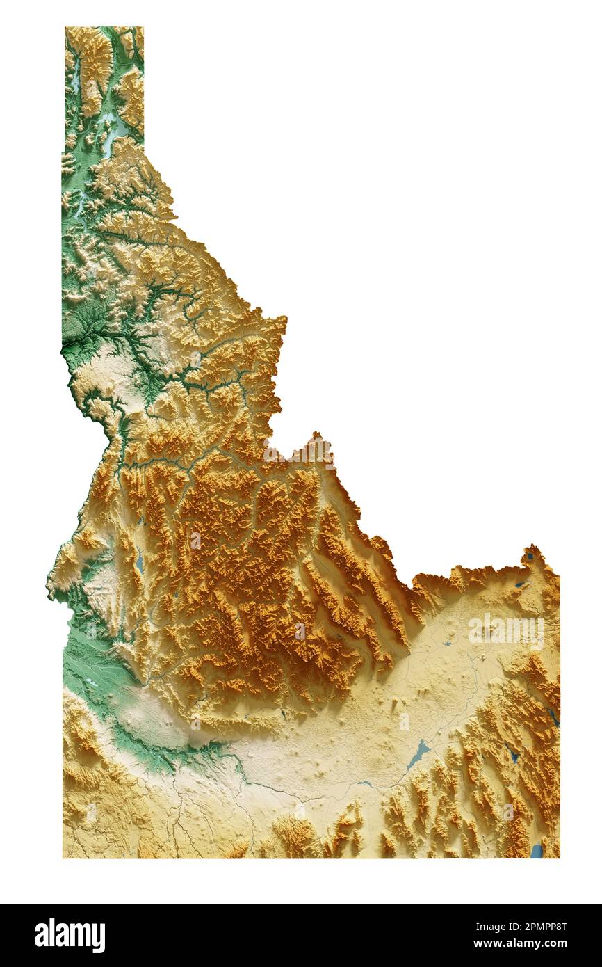 Stato degli Stati Uniti dell'Idaho. Rendering 3D estremamente dettagliato di una mappa in rilievo ombreggiata con fiumi e laghi. Colorato dall'elevazione. Creato con i dati satellitari. Foto Stock