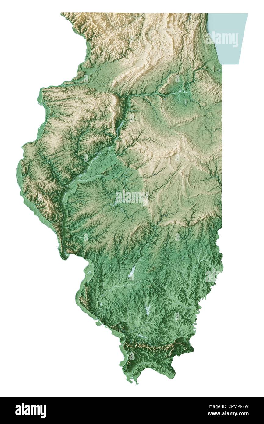 Stato dell'Illinois degli Stati Uniti. Rendering 3D estremamente dettagliato di una mappa in rilievo ombreggiata con fiumi e laghi. Colorato dall'elevazione. Creato con i dati satellitari. Foto Stock Stato dell'Illinois degli Stati Uniti. Rendering 3D estremamente dettagliato di una mappa in rilievo ombreggiata con fiumi e laghi. Colorato dall'elevazione. Creato con i dati satellitari. Foto Stock
