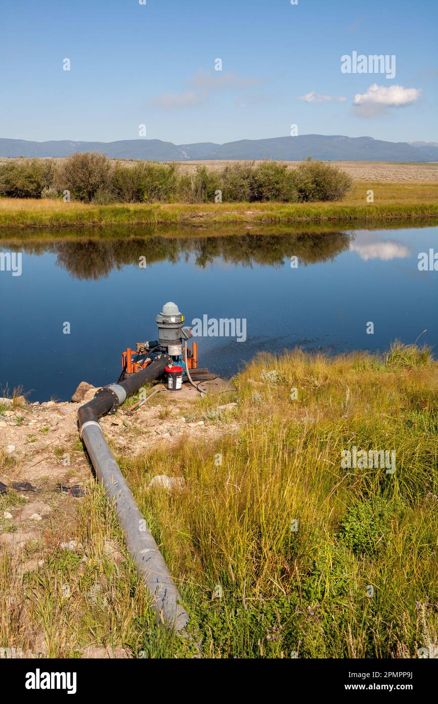 Una pompa di irrigazione preleva l'acqua dal fiume Big Hole, a nord di Wisdom, MT. Foto Stock