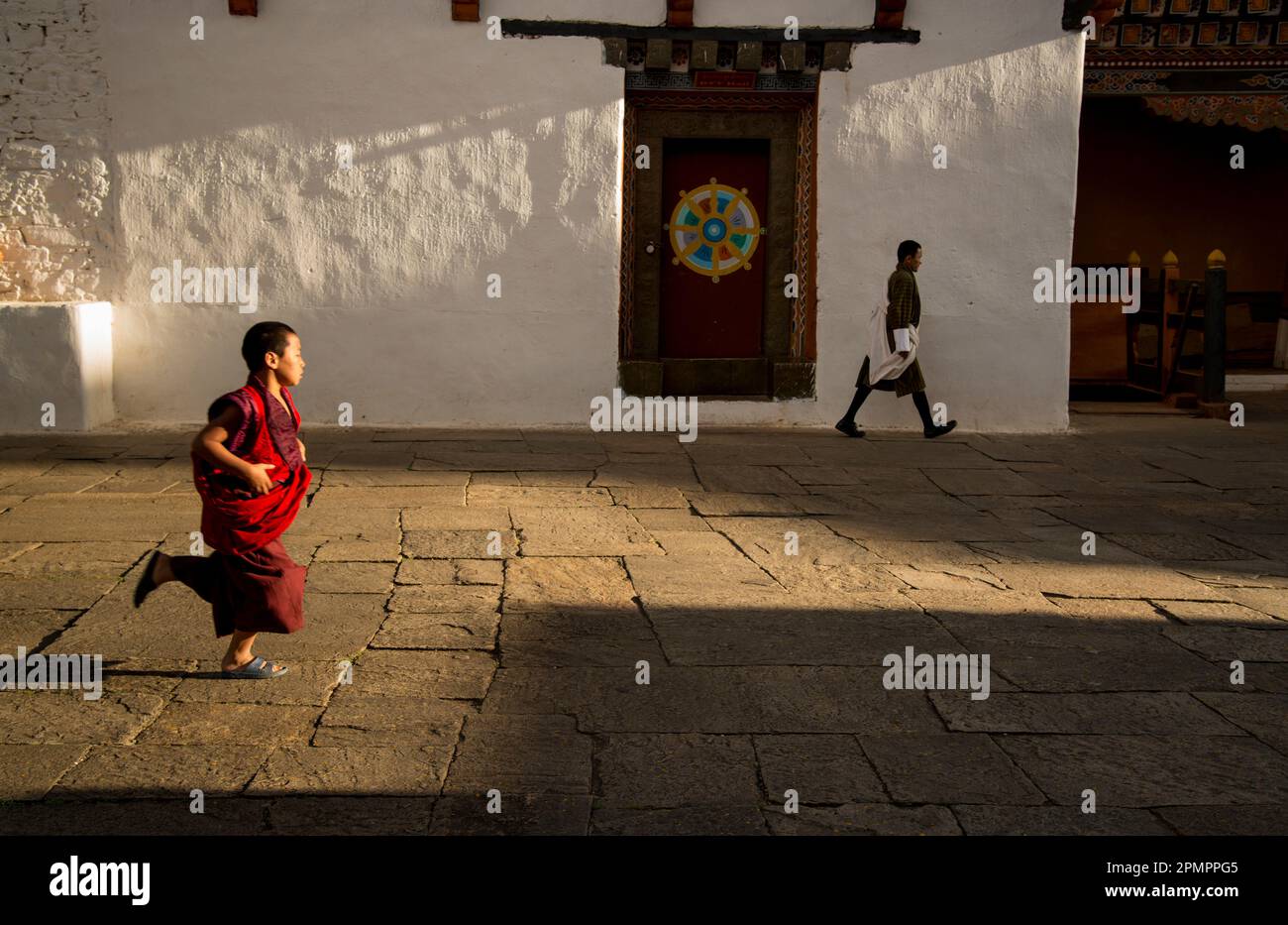 Monaco che corre attraverso il monastero di Rinpung Dzong; Paro Valley, Bhutan Foto Stock