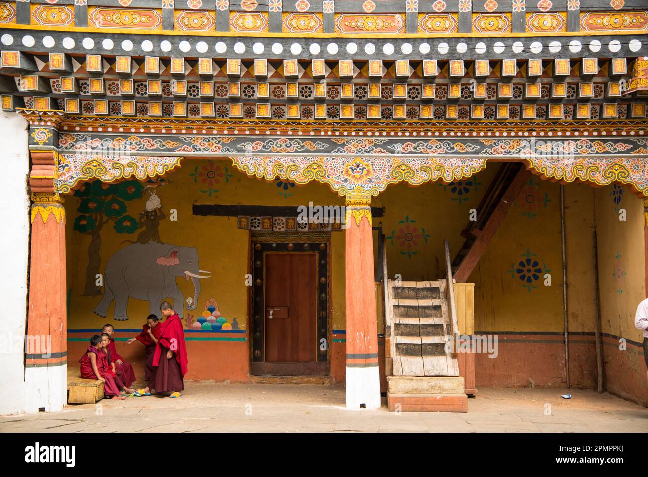 Monaci noviziati in una discussione con due anziani a Rinpung Dzong; Paro Valley, Bhutan Foto Stock