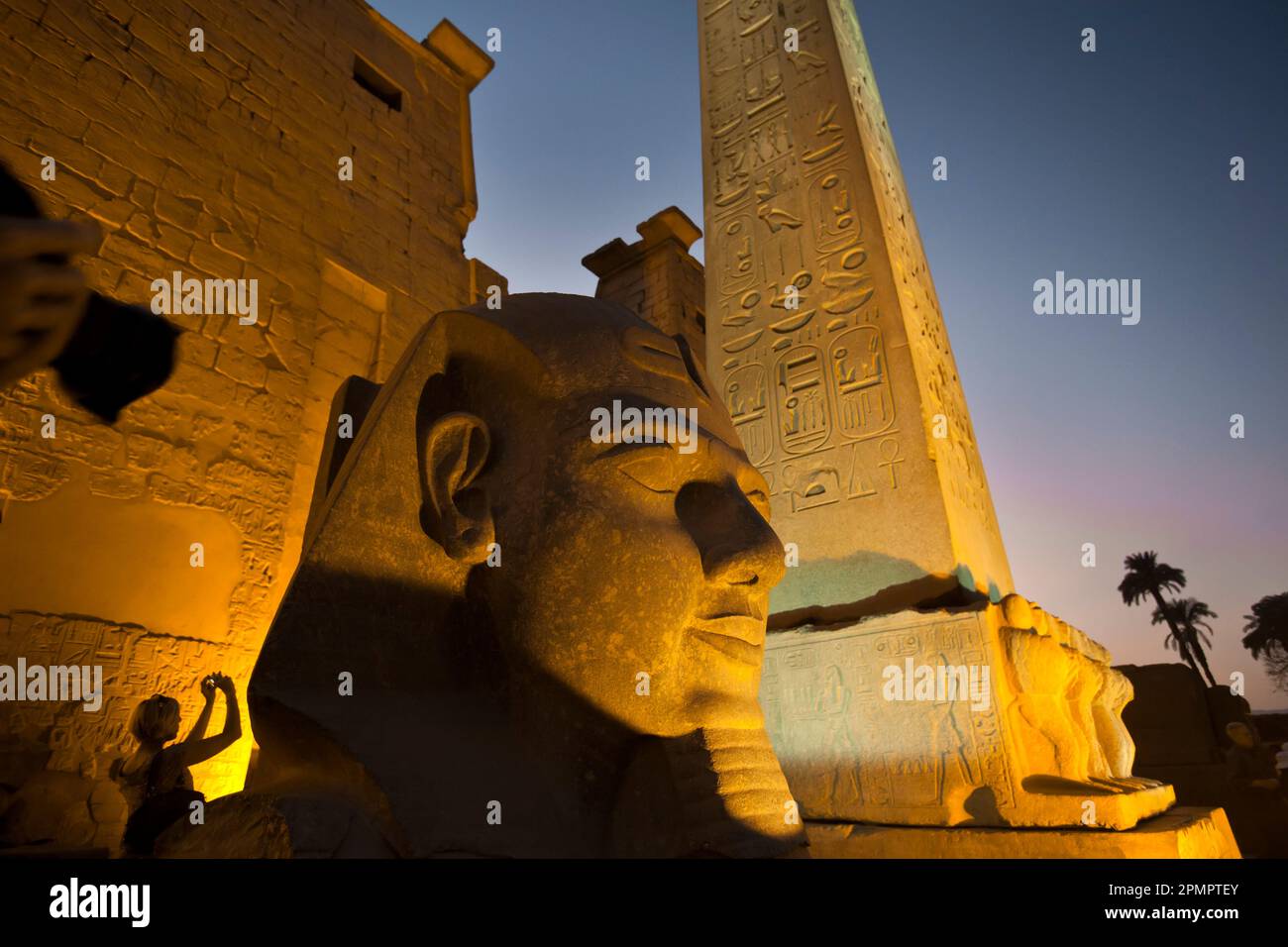 L'imponente testa di Ramsete II fiancheggia il cancello d'ingresso al Tempio di Luxor; Luxor, Egitto Foto Stock