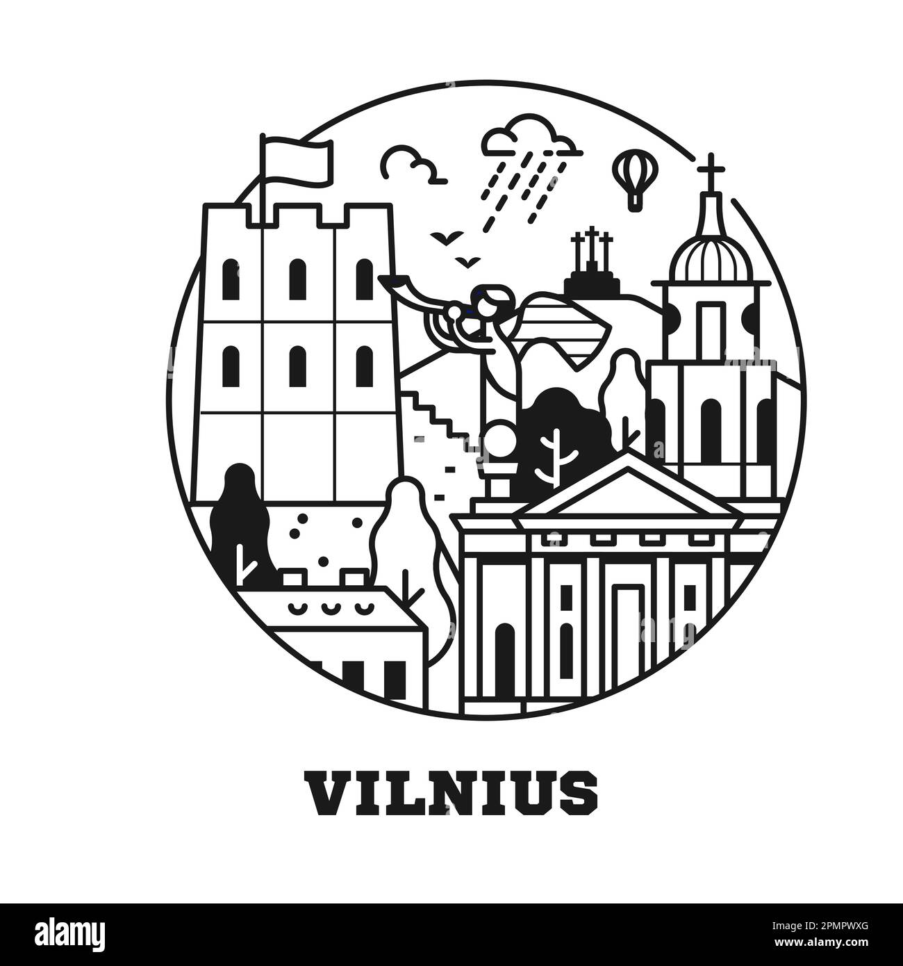 Viaggia sull'icona di Vilnius con la Torre del Castello e la Città Vecchia Illustrazione Vettoriale