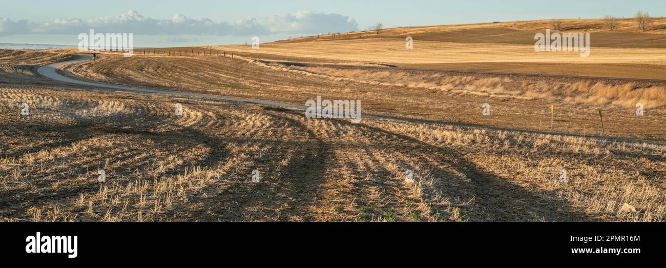 Tramonto su un percorso ciclabile e campi ai piedi del Colorado, scenario primaverile, banner panoramico Foto Stock