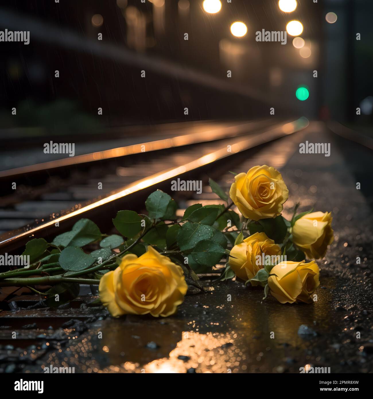 Una vita morta di rose gialle disseminate lungo i binari di una ferrovia, i vibranti petali gialli contrastano con il metallo opaco delle rotaie Foto Stock