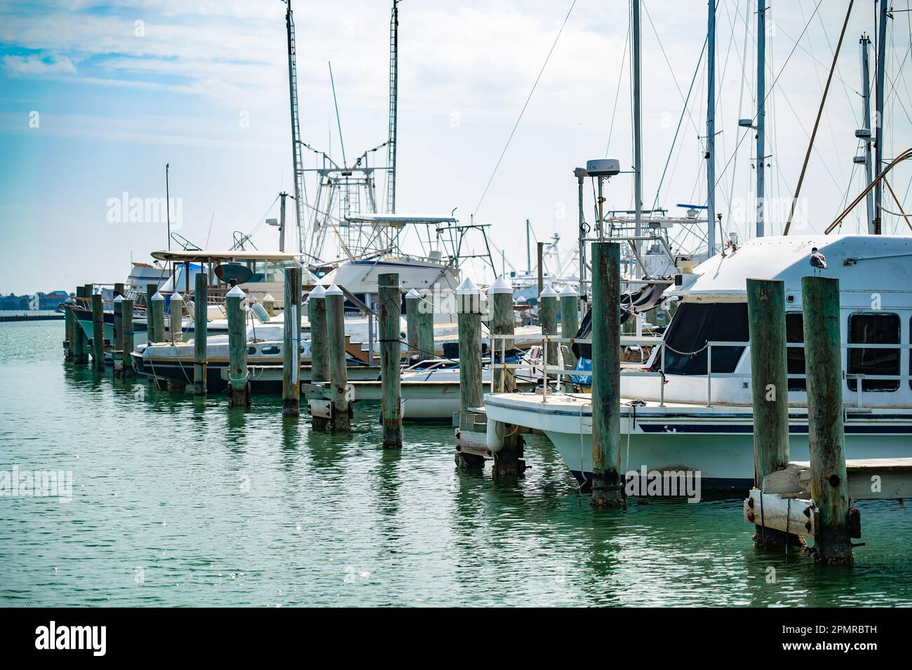 ROCKPORT, TX - 14 FEB 2023: Diverse barche commerciali e da diporto ormeggiate nel porto turistico di Rockport, Texas. Foto Stock