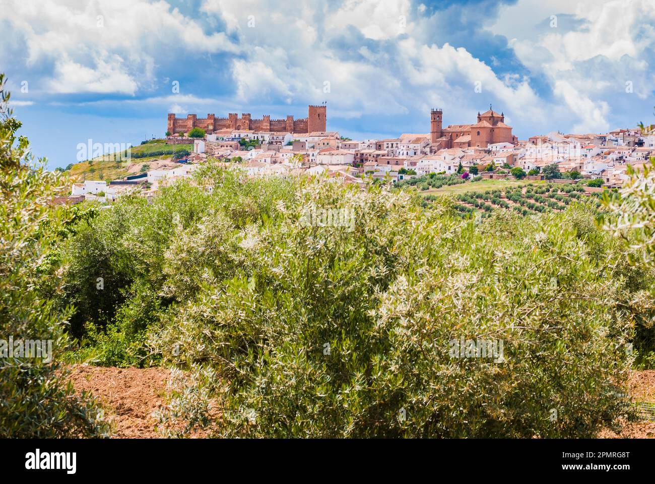 Vista panoramica sulla città di Baños de la Encina tra uliveti. Baños de la Encina, Jaén, Andalucía, Spagna, Europa Foto Stock