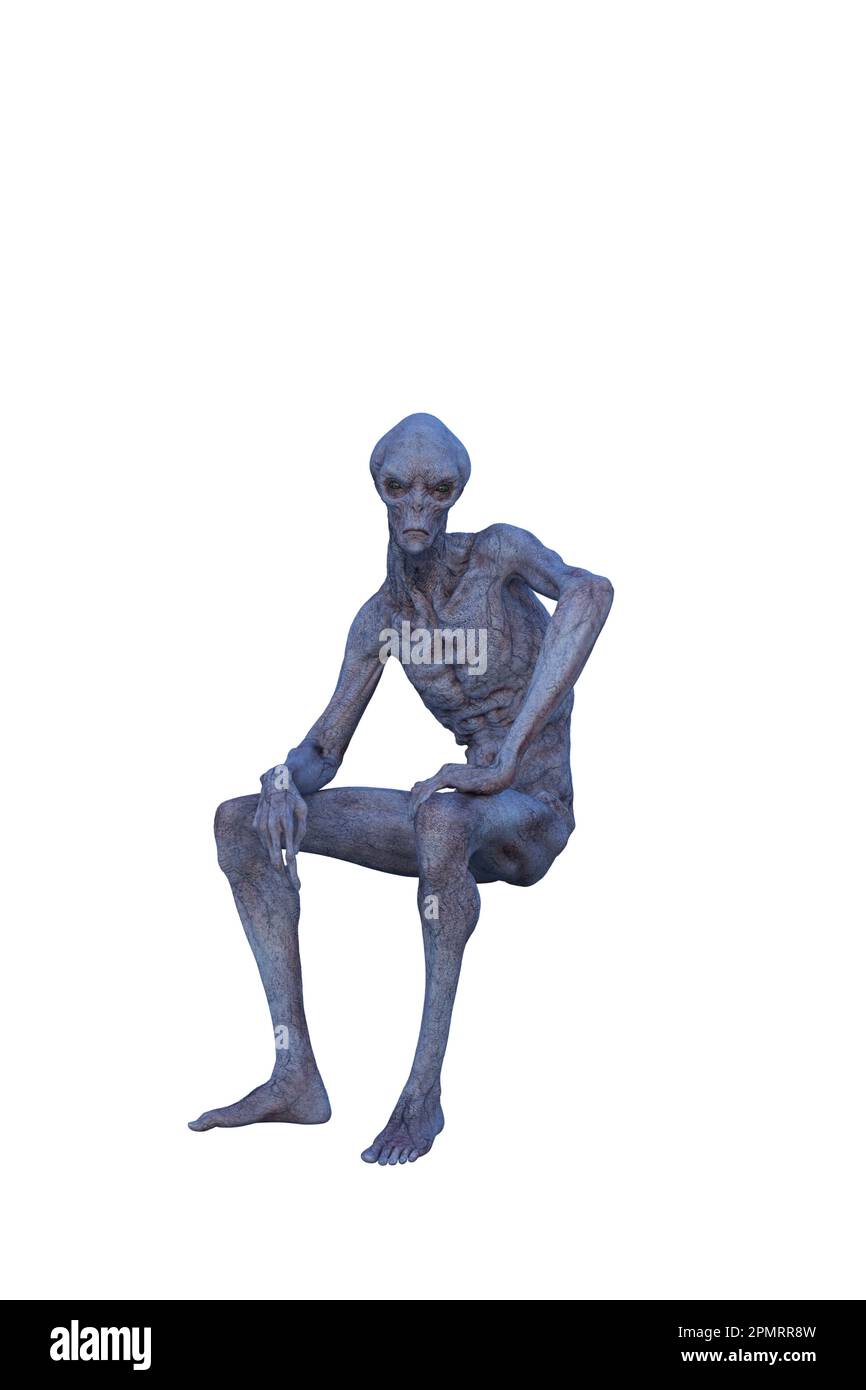 Alieno grigio blu con pelle seduto con le mani sulle ginocchia. 3D  rendering isolato su sfondo bianco Foto stock - Alamy