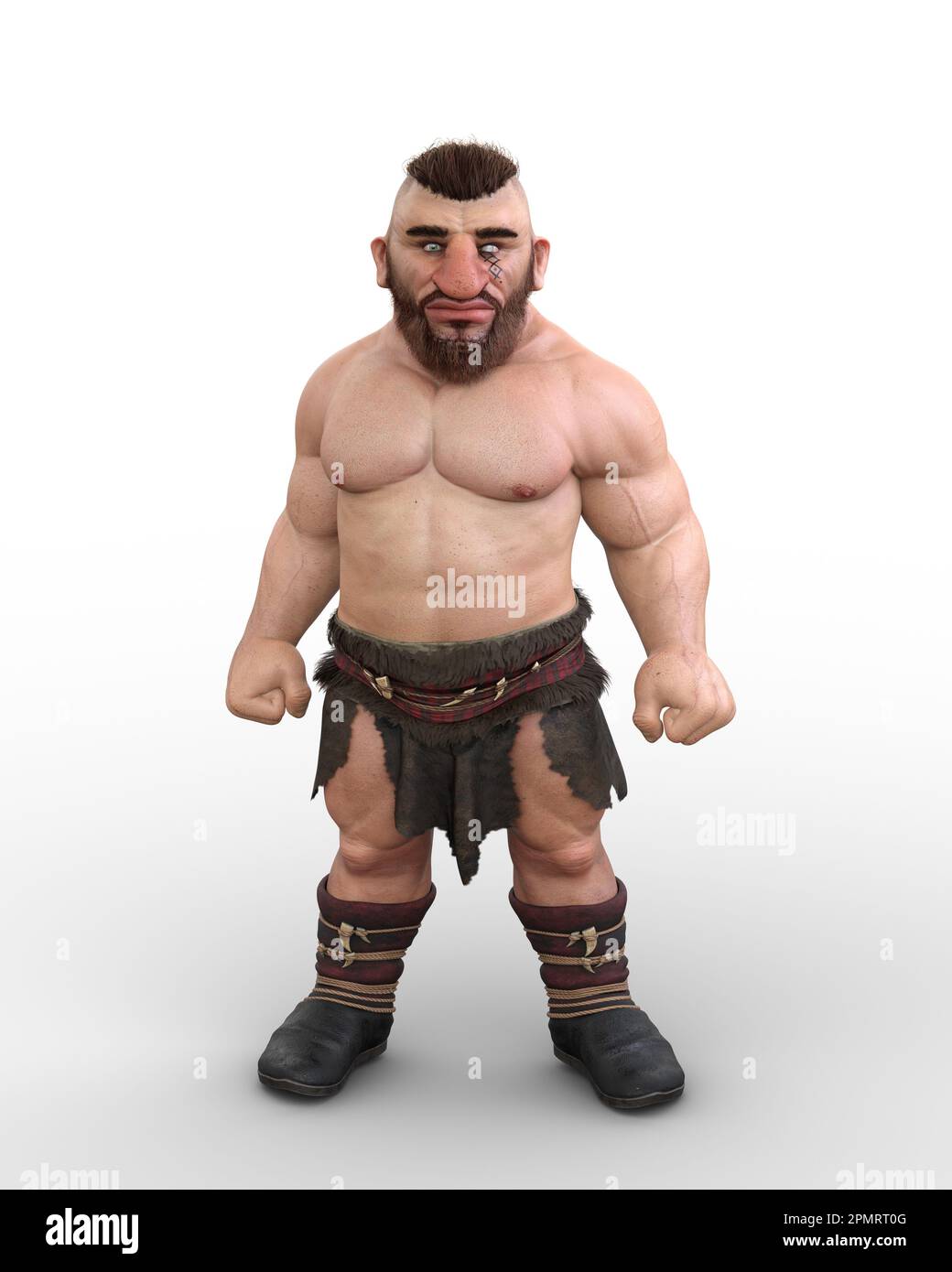 3D illustrazione di un personaggio nana fantasy o babariano con corpo muscolare isolato su sfondo bianco. Foto Stock