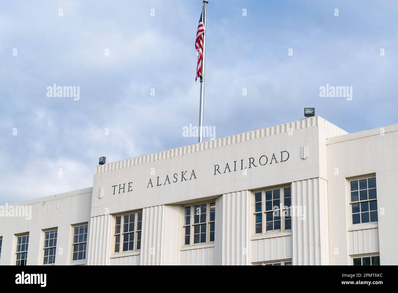Anchorage, Alaska - 4 settembre 2022: Esterno del deposito ferroviario Alaska Railroad nel centro di Anchorage, Alaska Foto Stock