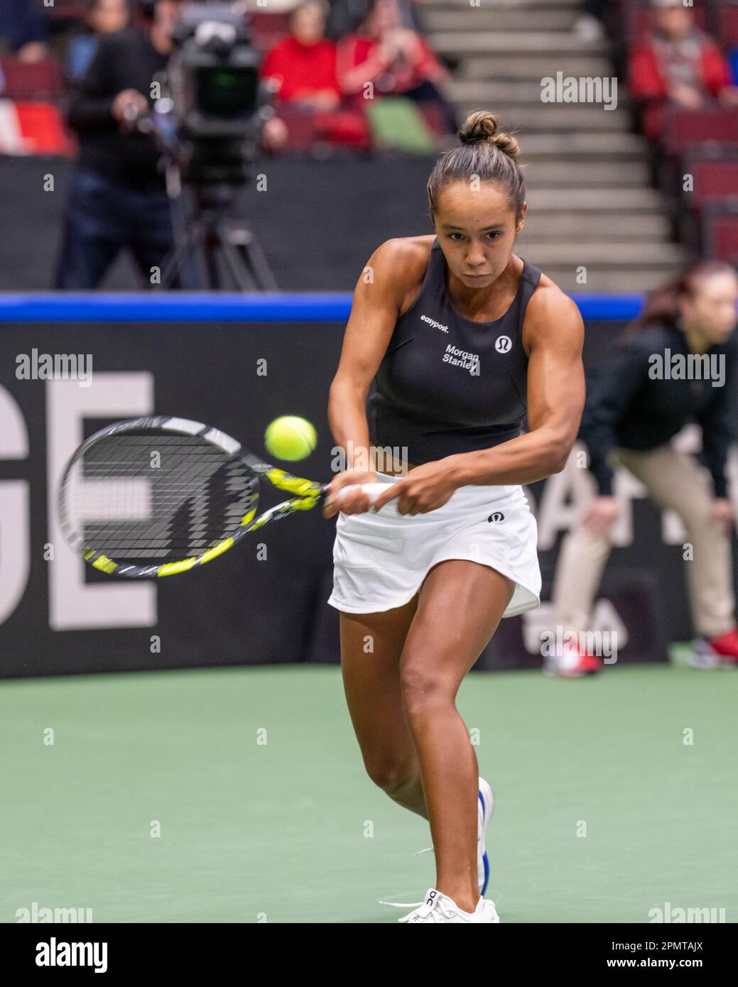 Vancouver, Canada. 14th aprile 2023. Leylah Fernandez del Canada in azione contro Yanina Wickmayer del Belgio durante la Billie Jean King Cup al Pacific Coliseum. Credit: Joe ng/Alamy Live News Foto Stock