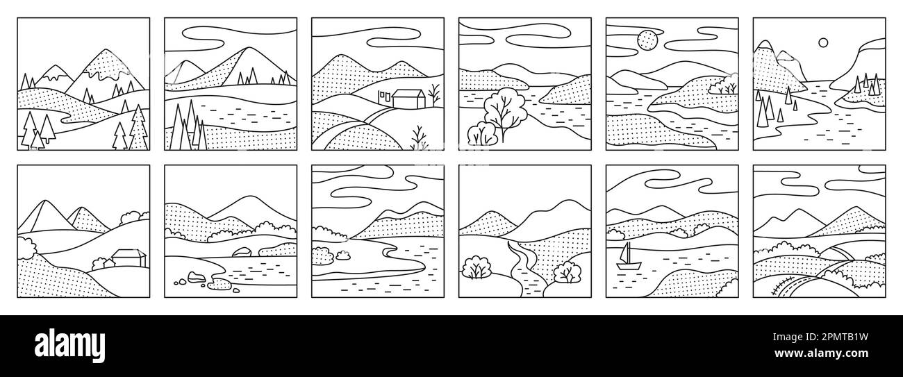 Natura campo paesaggio paesaggio quattro stagioni set lineare. Astratto natura mensile calendario trendy dodici mesi di primavera, autunno, estate inverno. Collezione di tipografie di modelli di illustrazione di Doodle Illustrazione Vettoriale