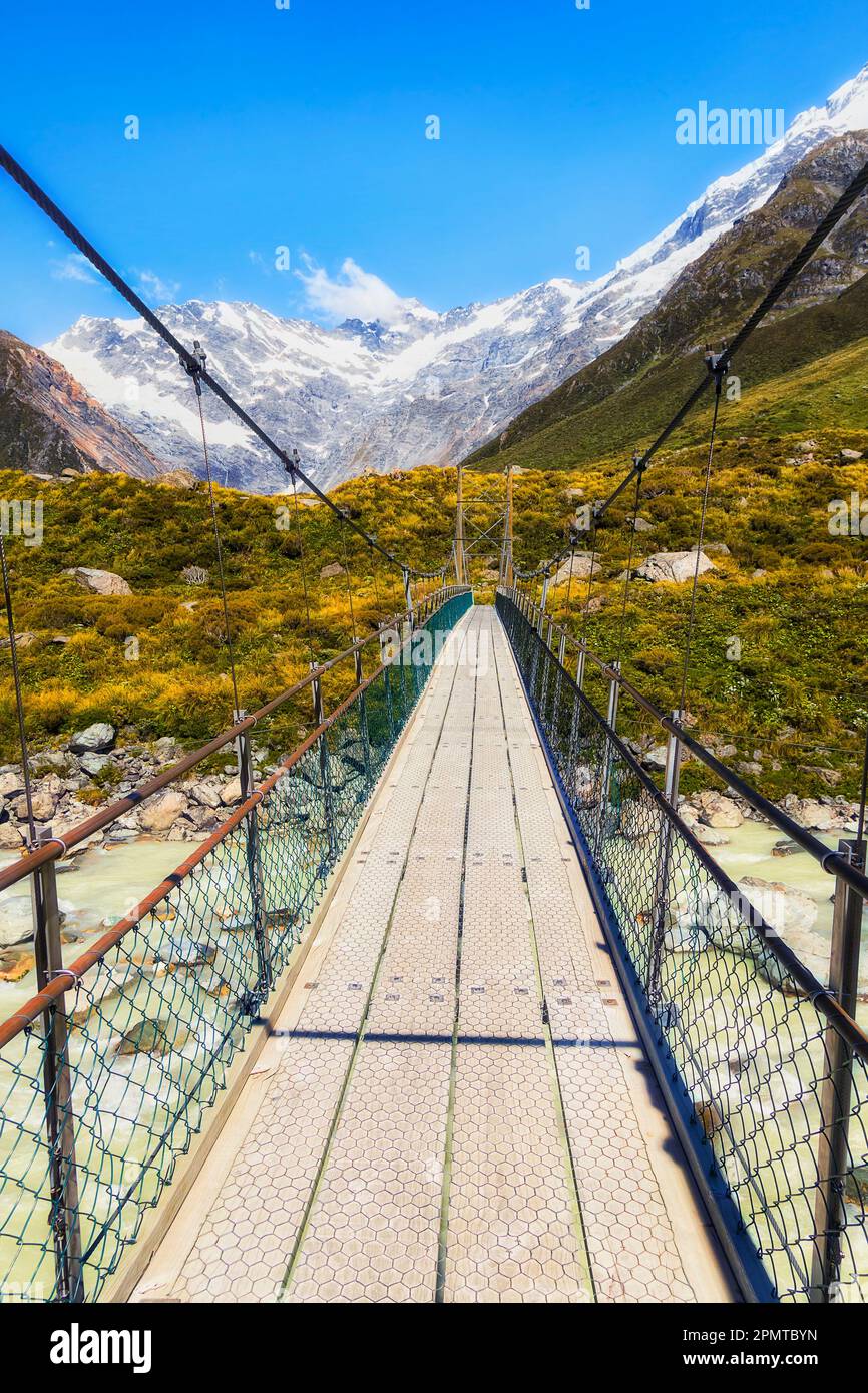 Nuova Zelanda Mount Cook Hooker valle ponte di pista. Foto Stock