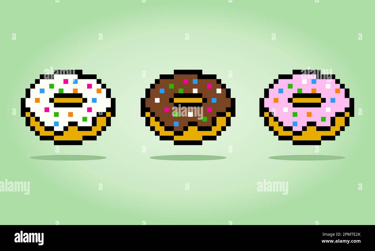 Immagine del set pixel Donuts. Food in Vector Illustration, modello di cucitura a croce. Illustrazione Vettoriale