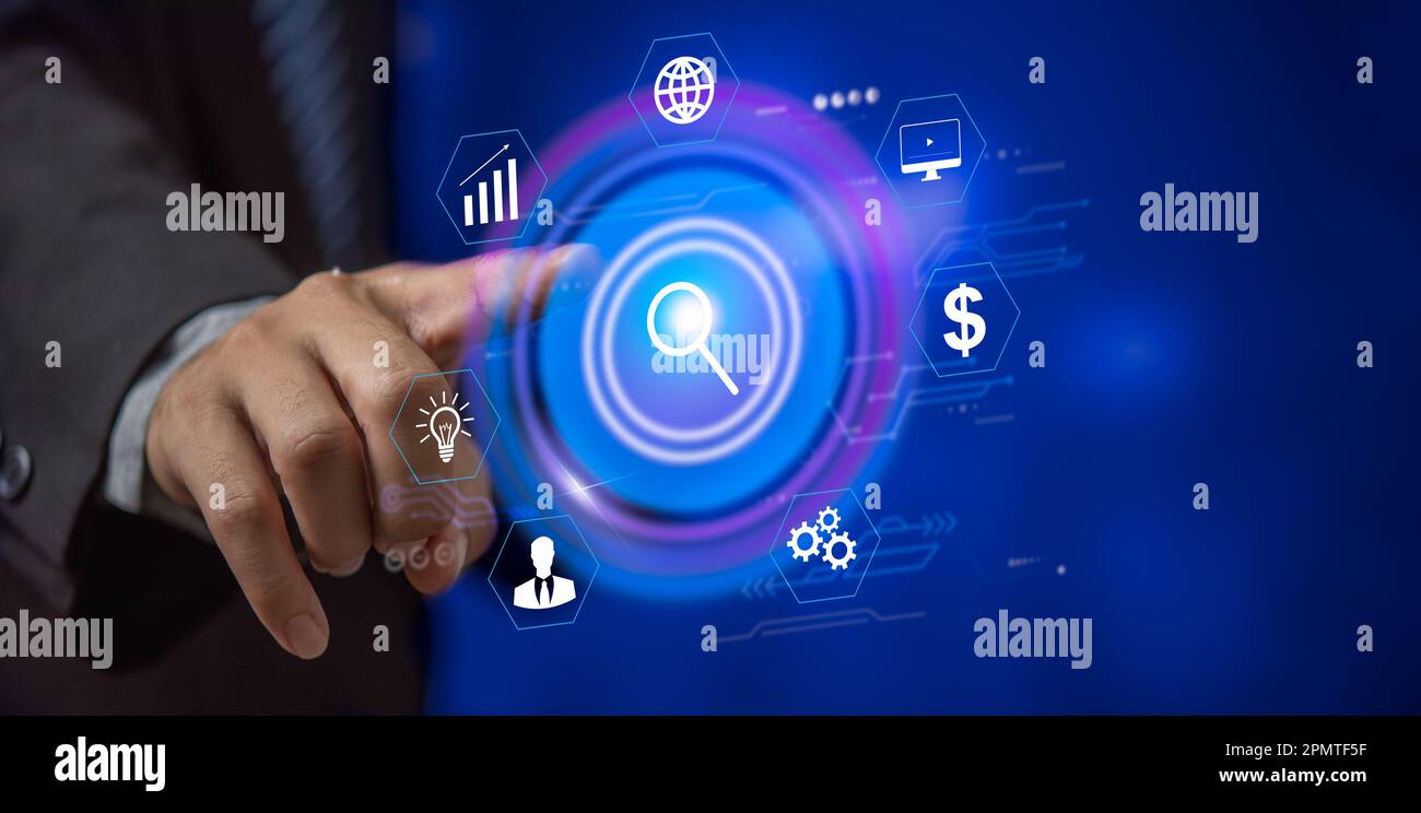 Icona a sfioramento schermo virtuale concetto di tecnologia digitale. concetto di sviluppo software. Programmatore di codifica, ingegnere software che lavora su sc virtuale Foto Stock