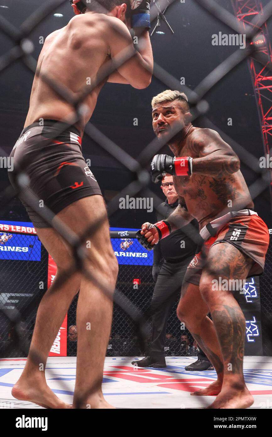 Las Vegas, Nevada, USA. 14th Apr, 2023. Il leggero Bruno Miranda si muove verso il suo avversario durante la PFL 3 Regular Season Fight Night al Theater Inside the Virgin Hotel il 14 aprile 2023 a Las Vegas, Nevada. Christopher Trim/CSM(Credit Image: © Christopher Trim/Cal Sport Media). Credit: csm/Alamy Live News Foto Stock