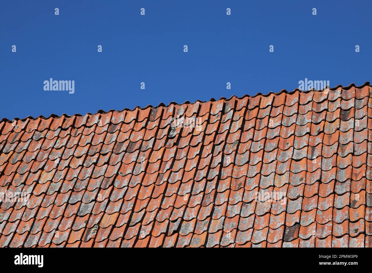 Vista di un tetto coperto con vecchie piastrelle. Foto Stock