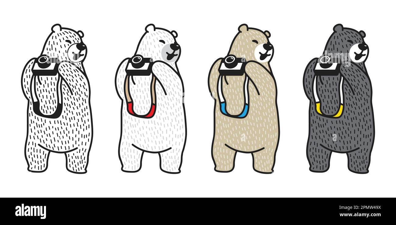 Orso vettore Polar Bear fotocamera fotografia personaggio cartone animato illustrazione doodle Illustrazione Vettoriale