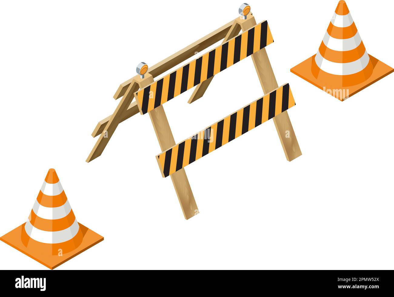 Barriera stradale con disegno vettoriale isometrico a cono. Concetto di recinzione in costruzione isolato su sfondo bianco. Illustrazione Vettoriale