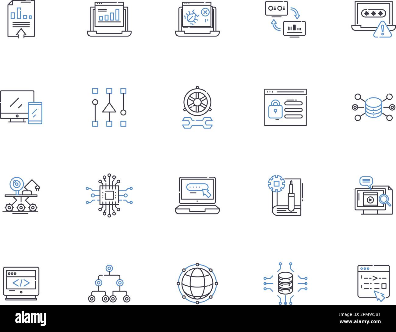 Le icone del server delineano la raccolta di icone. Server, icone, rete, computing, sistema, Computer, vettore cloud e set di concetti di illustrazione. Macchina, dati Illustrazione Vettoriale
