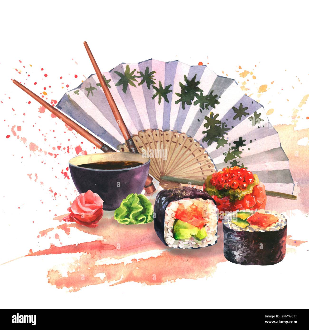Acquerello illustrazione di un set di sushi, zenzero, wasabi, salsa di soia, chopsticks e japanise ventilatore isolato su uno sfondo acquerello con spruzzi Foto Stock