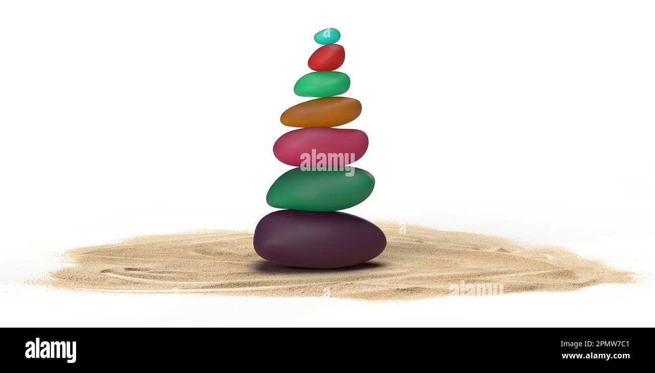 Stack di ciottoli colorati. 3D, in pietra torre su sabbia, sfondo bianco. Armonia, meditazione zen. Design minimalista Foto Stock