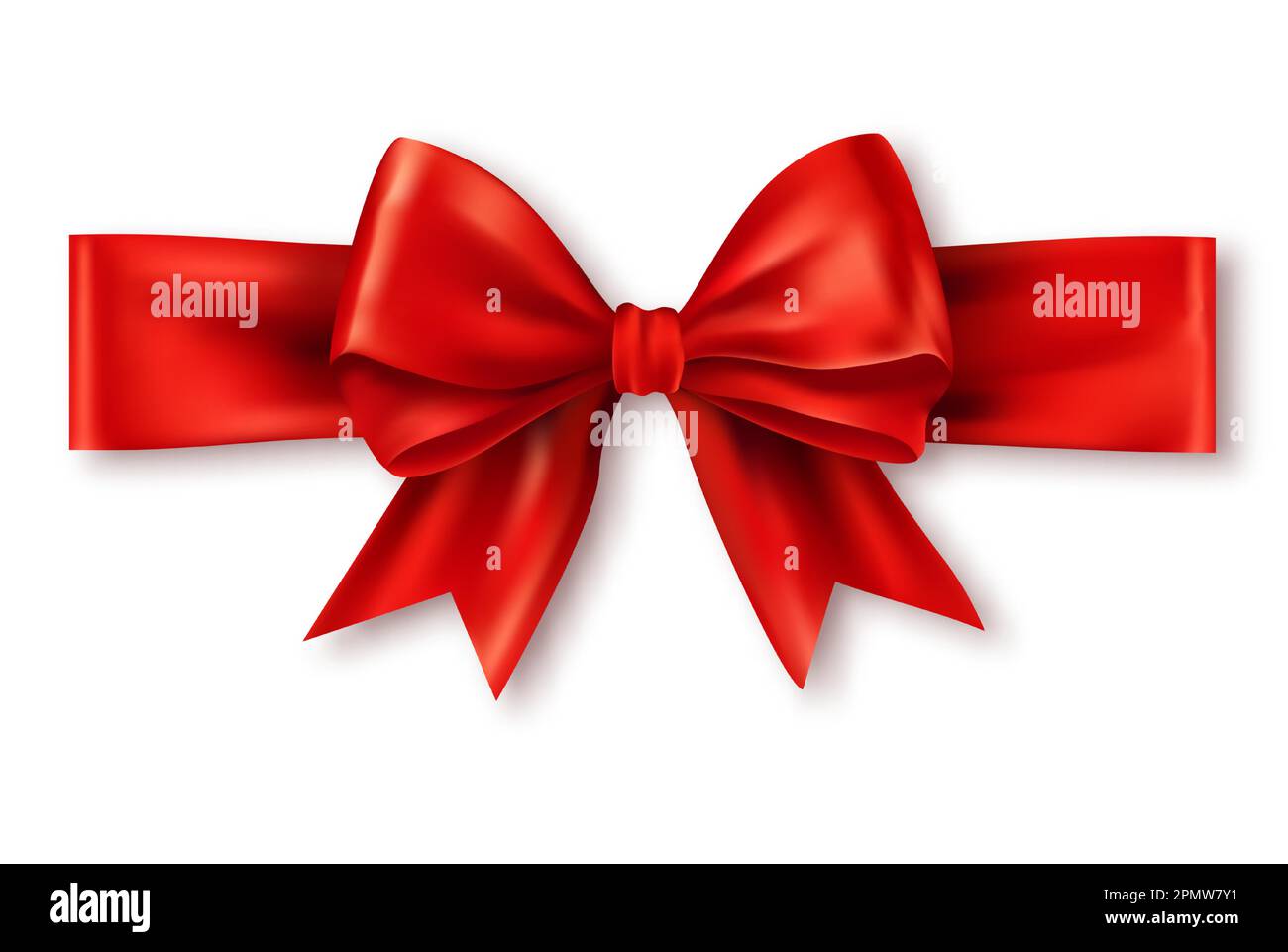 Arco regalo con nastro. Nastro orizzontale rosso seta con archetto decorativo, realistico nastro di lusso in raso per le vacanze o per l'arredamento, isolato Illustrazione Vettoriale