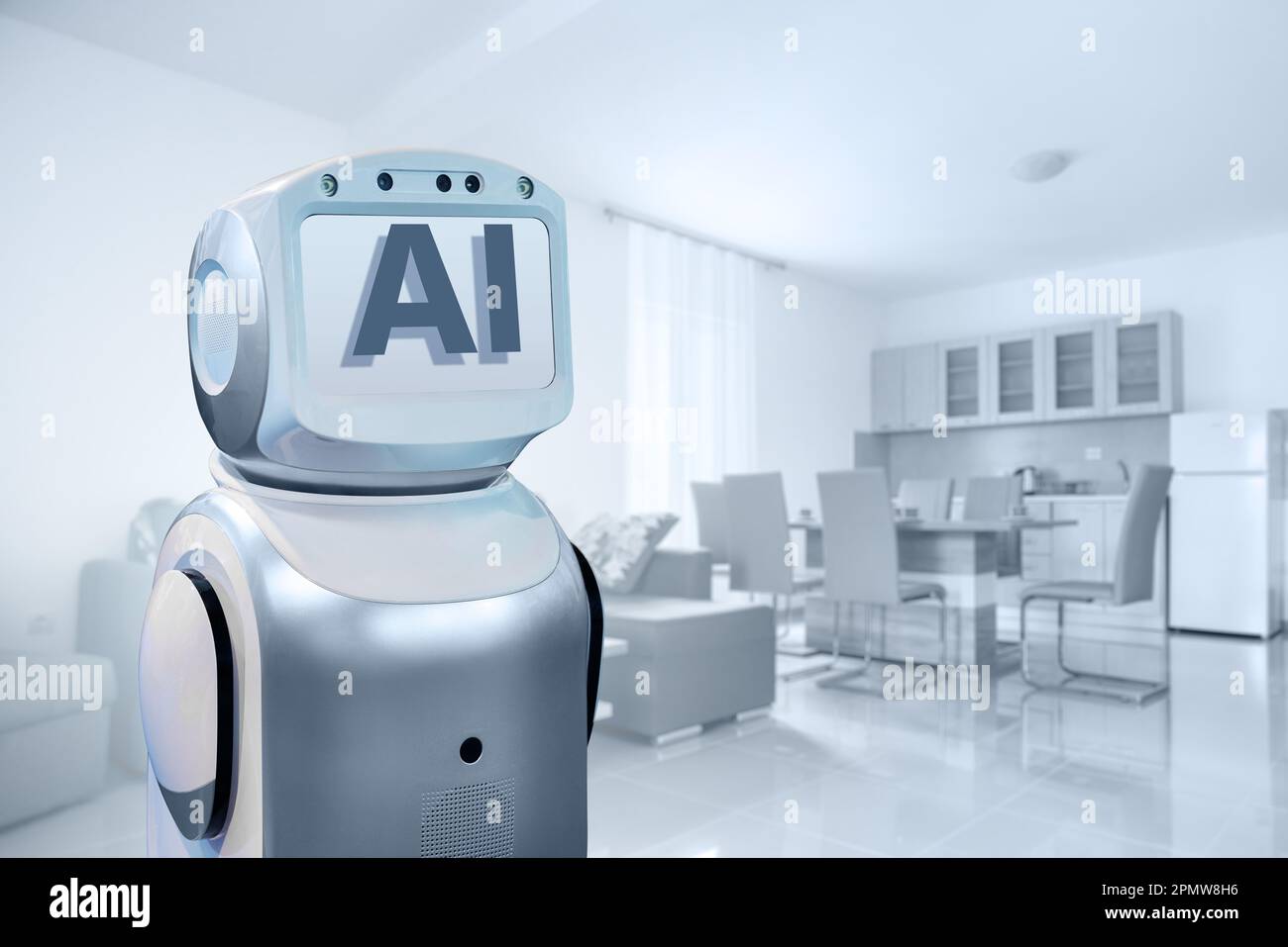 Robot con il simbolo ai sullo sfondo dell'appartamento. Concetto di intelligenza artificiale. Foto di alta qualità Foto Stock