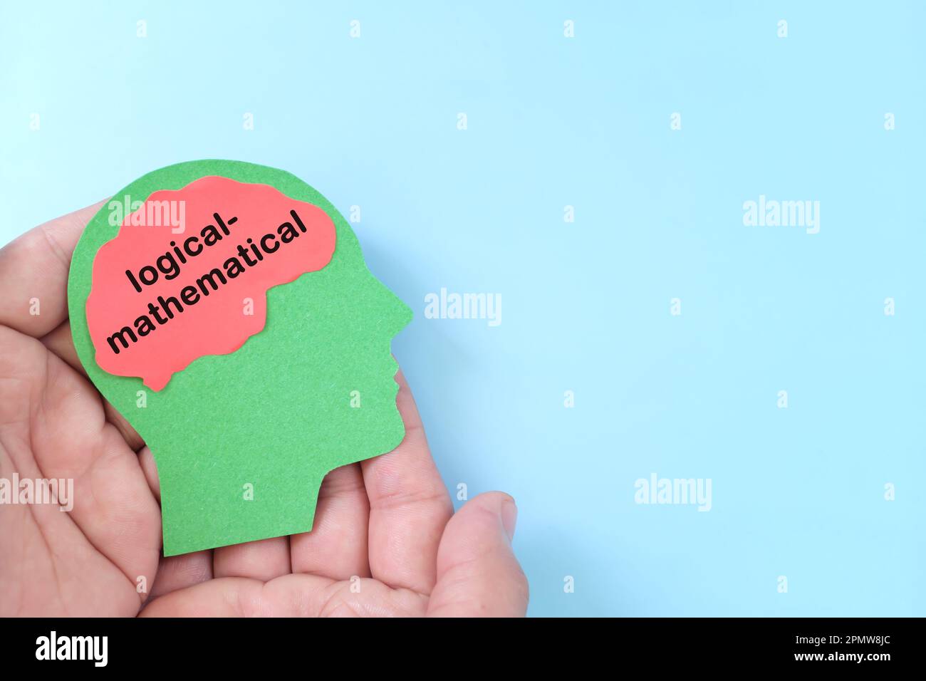 Intelligenza matematica logica nel concetto di psicologia. Mano che tiene il profilo della testa umana con il testo della parola sul cervello. Foto Stock