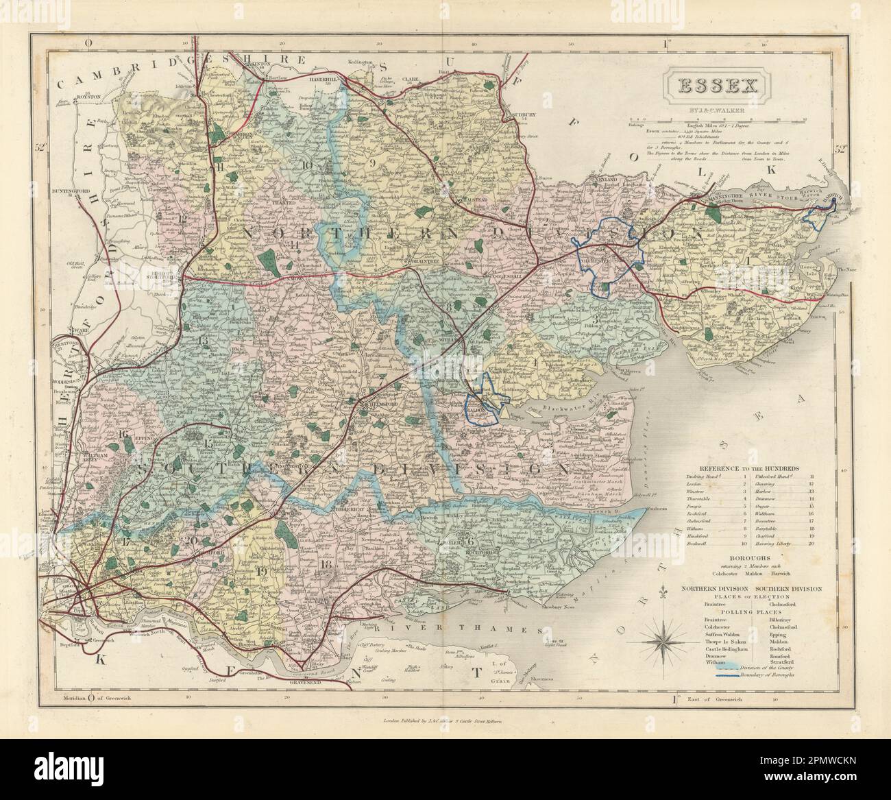 Essex antica contea mappa di J & C Walker. Ferrovie e quartieri 1870 anni Foto Stock